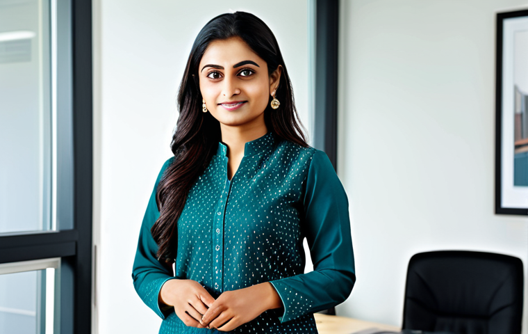 **
A professional Indian woman in a modest salwar kameez, standing in a brightly lit modern office, fully clothed, appropriate attire, safe for work, perfect anatomy, natural proportions, professional portrait photography, high quality, family-friendly.
**