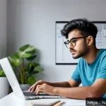 Home 20 제품디자인 자격증 시험 일정 - A focused young Indian male student sitting at a modern study desk in a bright room, surrounded by d...