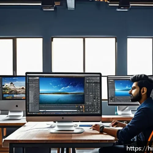 Home 17 제품디자인 자격증과 3D 모델링의 중요성 - A modern creative professional workspace featuring a young Indian designer working on a high-tech 3D...