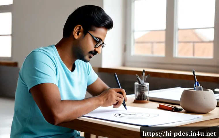 제품디자인 업무 스킬 향상 방법 - Photorealistic product designer in a bright modern studio, carefully sketching a sleek household app...